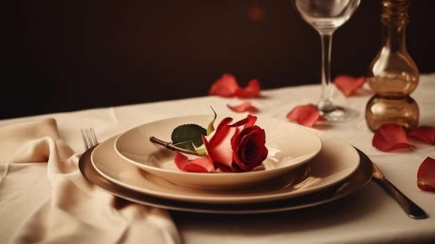 Una tavola apparecchiata per una cena romantica con rose