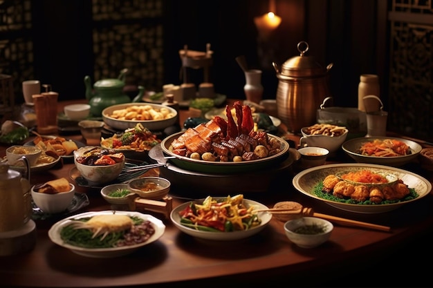 una tavola apparecchiata per una festa tradizionale con piatti generati dall'intelligenza artificiale
