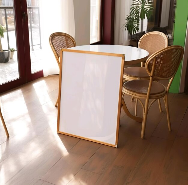 Una tavola bianca e un tavolo e sedie con un'immagine di una sedia e un tavolino con una pianta nell'angolo