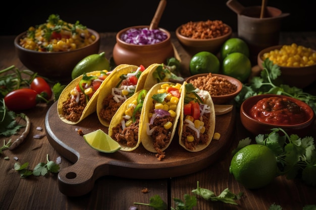Una tavola con sopra tacos e altri ingredienti