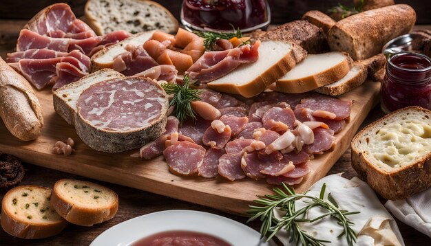 una tavola con una varietà di diversi tipi di carni e pane