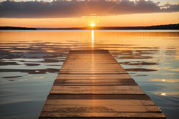 Una tavola contro un tramonto su un lago calmo