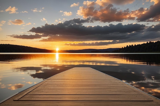 Una tavola contro un tramonto su un lago calmo