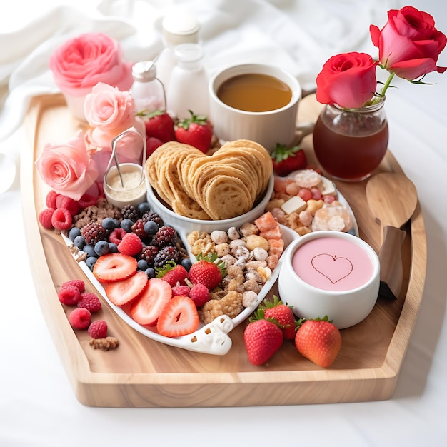 una tavola da colazione mozzafiato posta su un letto bianco