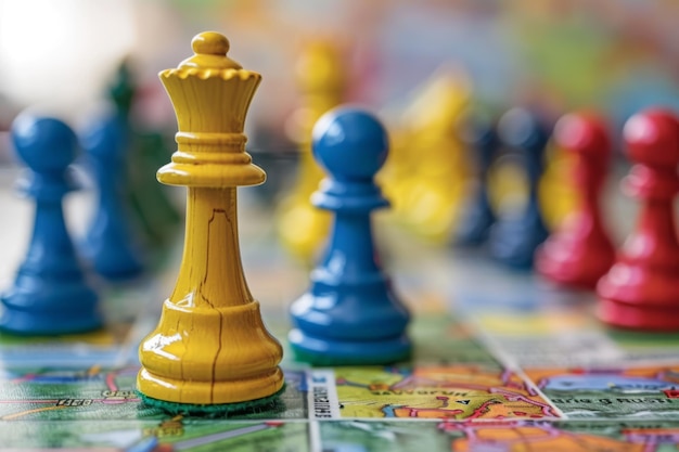 una tavola da scacchi con pezzi di scacchi su di esso e il pezzo giallo re scacchi