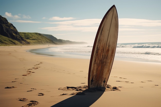 Una tavola da surf abbellisce un tratto tranquillo e vuoto di spiaggia selvaggia