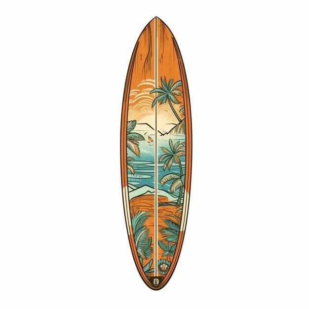 Una tavola da surf con una scena tropicale su di essa generativa ai