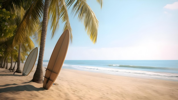 Una tavola da surf è su una spiaggia con palme sullo sfondo.