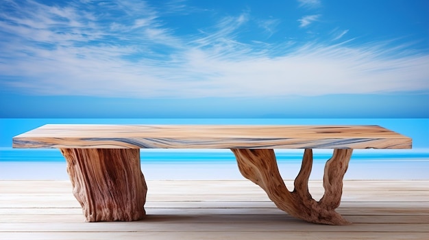 una tavola da surf su un tavolo di legno con l'oceano sullo sfondo.