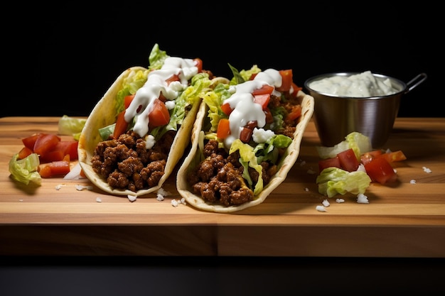 Una tavola da taglio in legno sormontata da due tacos ricoperti di carne e verdure