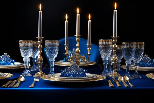 Una tavola dello Shabbat apparecchiata a festa con candele accese e una menorah