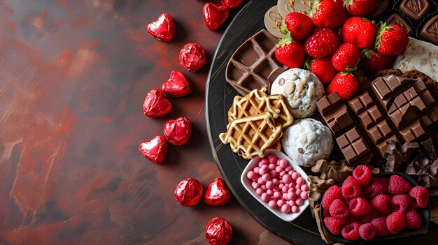 Una tavola di charcuterie per il giorno di San Valentino completa di dolci, fragole e cioccolato