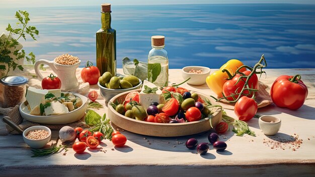 Una tavola di cibo che include frutta e verdura.