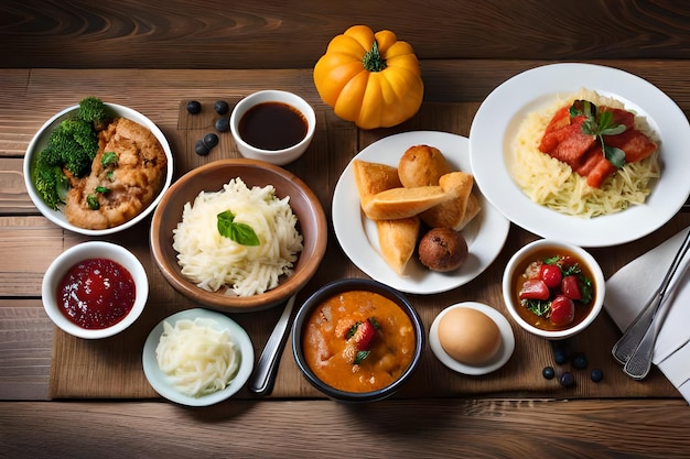 una tavola di cibo che include riso, riso e verdure.