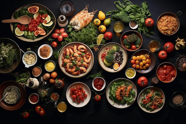 Una tavola di cibo che include verdura, frutta e verdura.