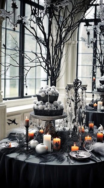 una tavola di Halloween in bianco e nero con candele, teschi, fantasmi, ragni, ragnatele