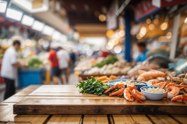 Una tavola di legno a tema costiero contro un mercato di frutti di mare sfocato