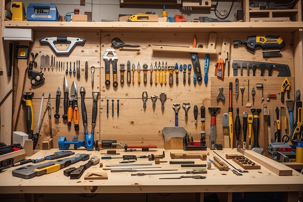 Una tavola di legno circondata da strumenti in un laboratorio per una vetrina di un progetto DIY