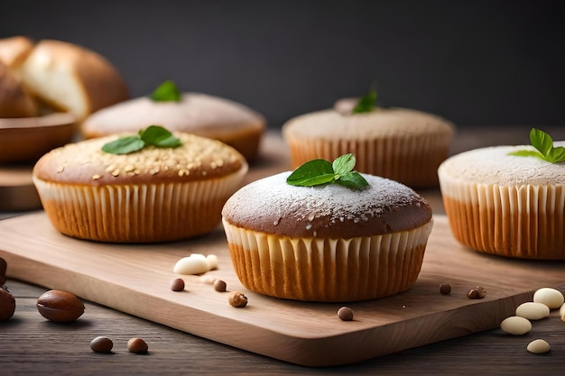 Una tavola di legno con sopra diversi muffin.