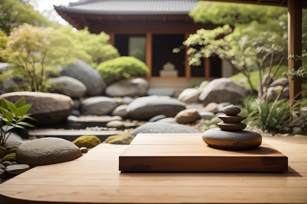 Una tavola di legno contro un sereno giardino zen