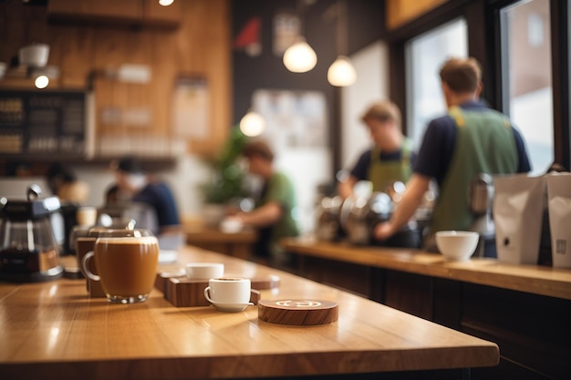 Una tavola di legno in un accogliente caffè sfocato con baristi che preparano il caffè