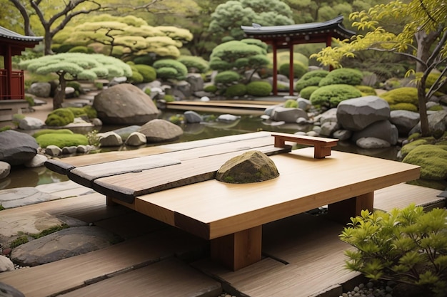 Una tavola di legno in un sereno giardino giapponese