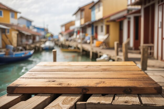 una tavola di legno in un villaggio di pescatori costiero sfocato