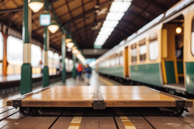 Una tavola di legno in una stazione ferroviaria d'epoca con una ruota di viaggio del treno sfocata