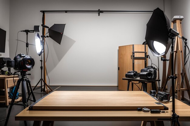 Una tavola di legno in uno studio fotografico con attrezzature per la fotocamera adatte per l'attrezzatura fotografica