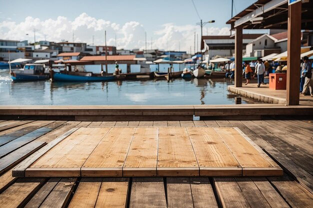 Una tavola di legno vuota di fronte a un mercato del pesce