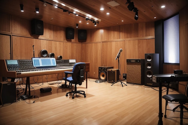 Una tavola di legno vuota in uno studio di registrazione con artisti che lavorano alla musica