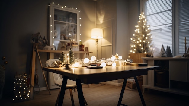 Una tavola di Natale in una stanza buia con un albero di Natale sul muro