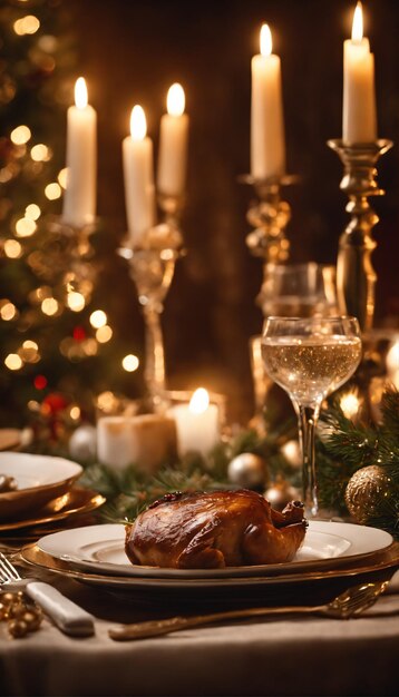 una tavola festiva con una festa di Natale meticolosamente organizzata