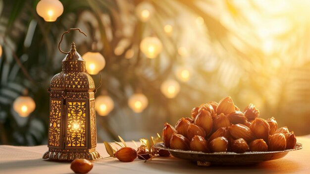 Una tavola festiva decorata con il Ramadan dolce una lanterna e elementi decorativi durante le ore serali