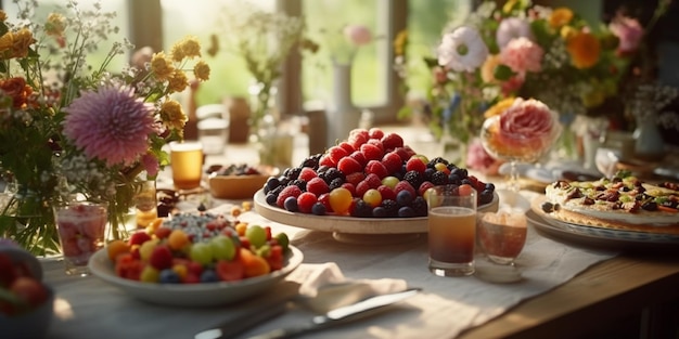 Una tavola imbandita di frutta e dolci tra cui un cesto di frutta.