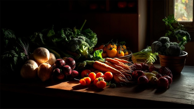 Una tavola imbandita di frutta e verdura illuminata dalla luce.