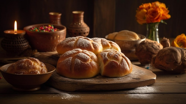 Una tavola imbandita di pane e fiori