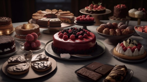 Una tavola imbandita di torte e dolci tra cui una torta con sopra la lettera k.