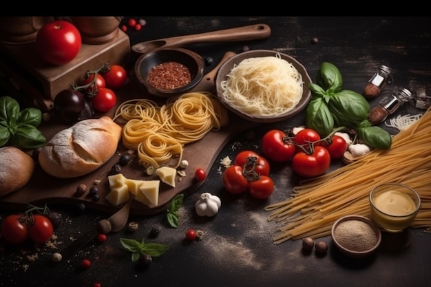 Una tavola imbandita tra cui pasta, pomodori, olive e basilico