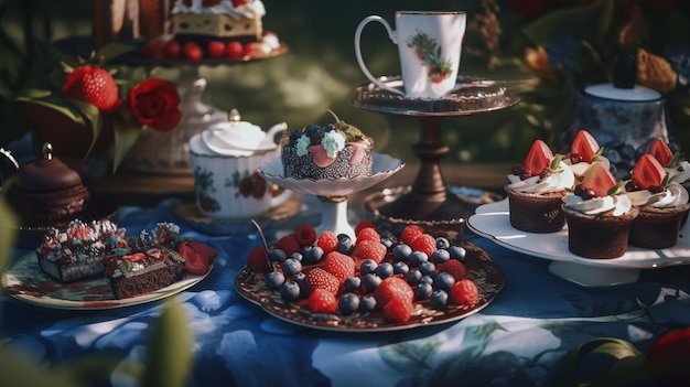 Una tavola imbandita tra cui un piatto di dolci e un bicchiere di succo d'arancia.