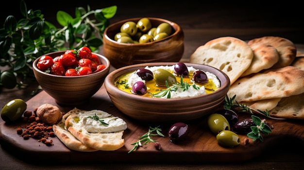 Una tavola meze mediterranea con olive e pane pita