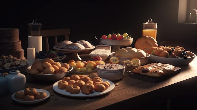 Una tavola piena di cibo tra cui pane, frutta e pane.