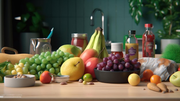 Una tavola piena di frutta tra cui un barattolo di miele, un barattolo di miele, un barattolo di miele e un barattolo di miele.