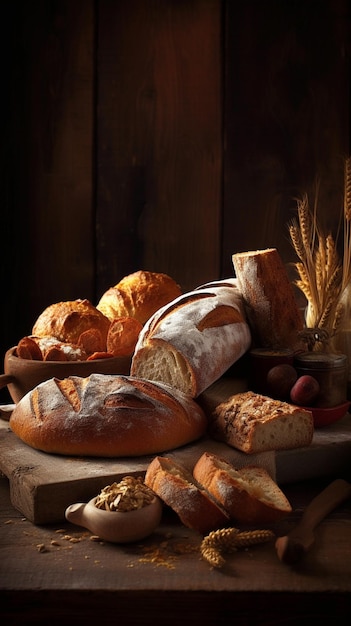 Una tavola piena di pane e altri tipi di pane tra cui pane, noci e altri alimenti.