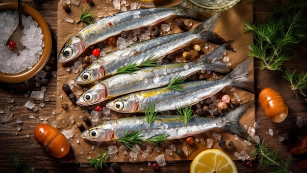 Una tavola piena di pesce e ingredienti tra cui limone, aglio e sale.