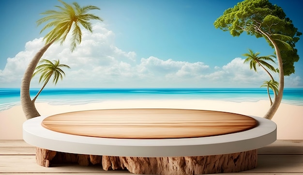 Una tavola rotonda su una spiaggia con palme sullo sfondo