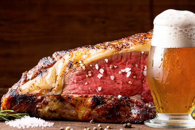 una tavola rustica con una grossa bistecca arrostita con fumo spezie erbe e salgemma che cade birra