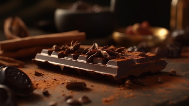 Una tavoletta di cioccolato con cioccolato e chicchi di caffè sul tavolo