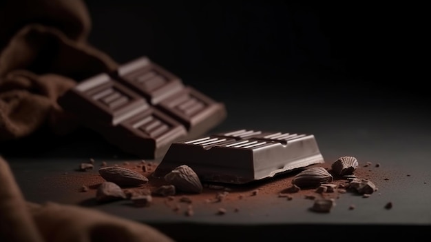 Una tavoletta di cioccolato fondente con uno sfondo scuro e uno sfondo scuro.