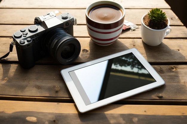 Una tavoletta digitale e una fotocamera analogica sono posizionate su un tavolo di legno